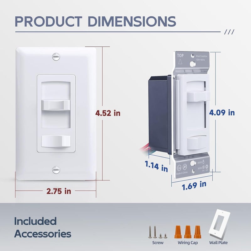 ECOELER Dimmer Light Switch, 3-Way/Single Pole Dimmer Switch for 300W Dimmable LED/CFL Lights and 600W INC/HAL Bulbs, No Neutral Wire Required, ETL&FCC Listed, White, 2 Pack - Image 5
